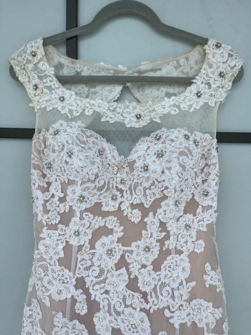 Sherri Hill Blush and White Lace Illusion Neck Wedding Gown